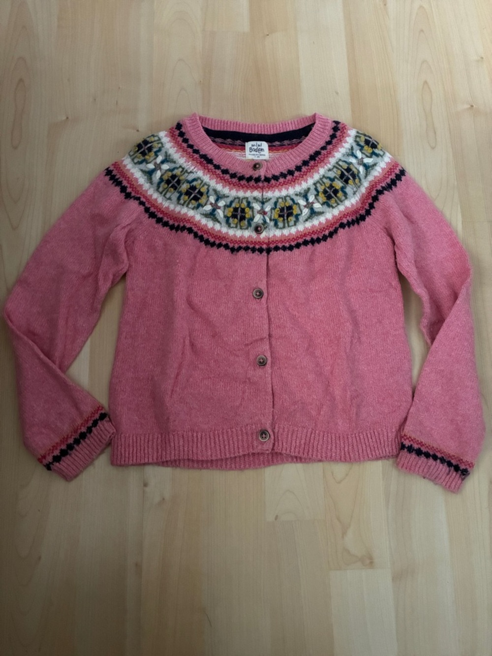 Mini Boden Pink Fair Isle Yoke Cardigan with Multicolor Accents